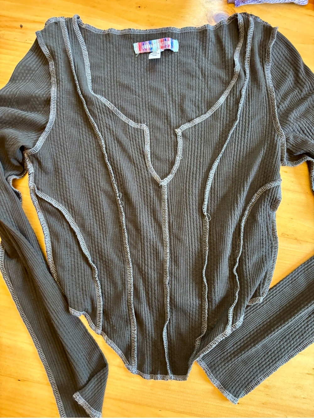 Urban Outfitters Ribbed Long-Sleeve Top with Contrast Stitching